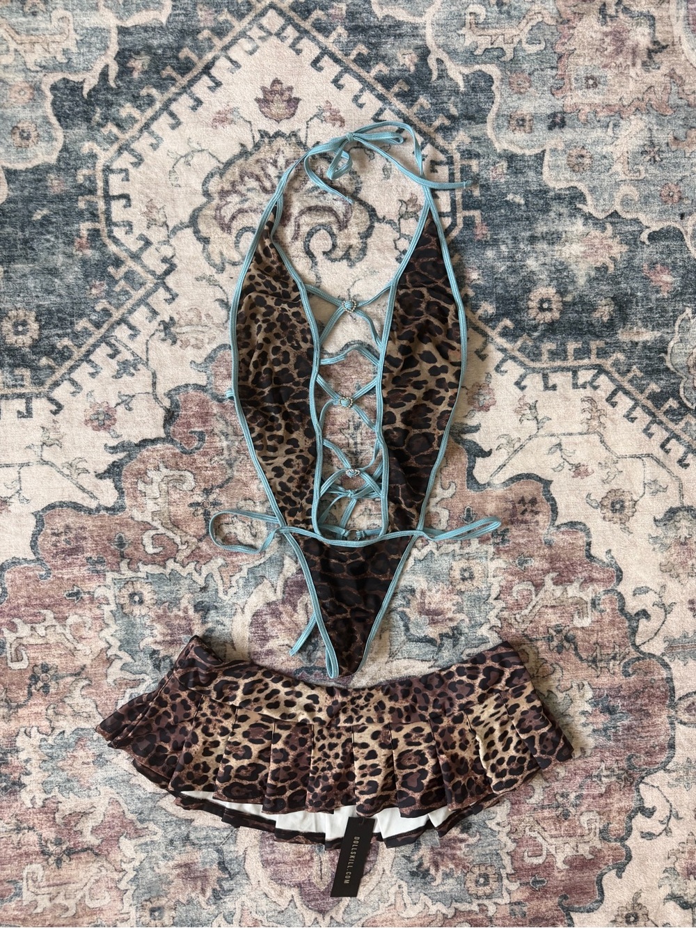 Generation Kiss Leopard Print Lace-Up Halter Teddy with Blue Trim